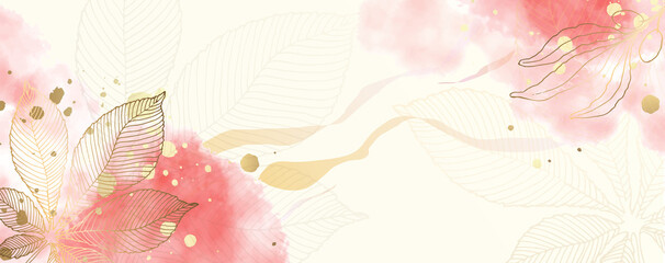 Luxurious golden wallpaper. White background and spots of pink watercolor. Golden chestnut leaves wall art with shiny light texture. Modern art mural wallpaper. Vector illustration.