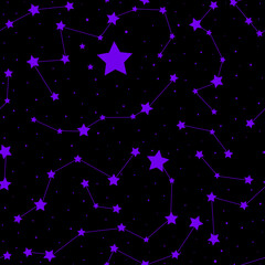 Wall Mural - beautiful astronomical vector seamless pattern with violet stars and constellations on the night sky