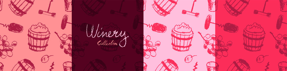 Wine pattern seamless. Winemaking illustration set. Drawings for winery, wine shop, viticulture wallpaper, label biodynamic wines. Bottle screw, barrel, grape, stopper. Wine tasting banner template.