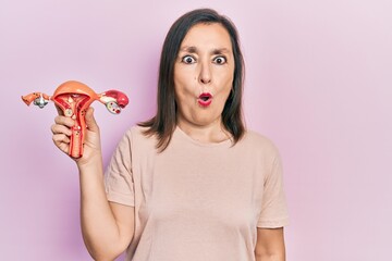 Poster - Middle age hispanic woman holding anatomical model of female genital organ scared and amazed with open mouth for surprise, disbelief face