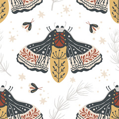 Wall Mural - boho butterfly seamless pattern on a white background. summer moth wallpaper illustration. retro vin
