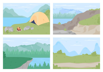 Countryside vacation flat color vector illustration set. Scenic highlands for hiking trips. Trekking trails in forest. Spring and summer 2D cartoon landscape with mountains on background collection