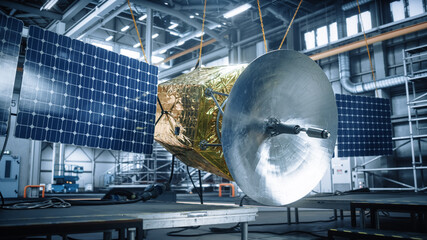 Wall Mural - Satellite Under Construction in Aerospace Technology Manufacturing Facility. Development of Spacecraft for Space Exploration, Navigation, Communications, Internet Telecommunication, Observation 