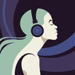 Profile of a young woman listens to the music on the headphones. Music therapy. The musician avatar. Side view. Vector flat illustration