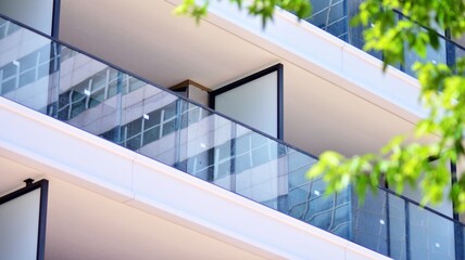 Eco architecture. Green tree and apartment building. The harmony of nature and modernity.