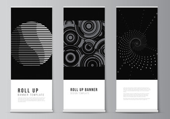 Wall Mural - Vector layout of roll up mockup templates for vertical flyers, flags design templates, banner stands, advertising. Abstract technology black color science background. Digital data. High tech concept.