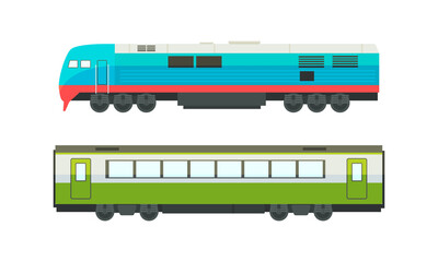 Sticker - Railway Passenger Suburban Vehicles Set, Side View of Railroad Transport Flat Vector Illustration