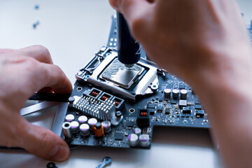 Repair computers. Technology maintenance hardware from man engineer. Electronic technician pc service.