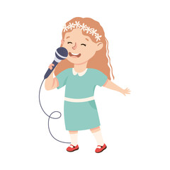 Wall Mural - Cute Girl Singing with Microphone, Adorable Kid Leisure Activity Concept Cartoon Vector Illustration