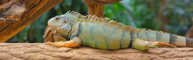 Common green iguana resting on a tree in natural environment. Nature, wildlife, zoology, herpetology, science, zoo laboratory. Panoramic image