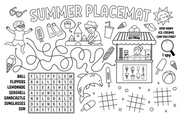 Wall Mural - Vector summer placemat for kids. Beach holidays printable activity mat with wordsearch, tic tac toe charts, maze. Black and white play mat or coloring page with cute children, ice-cream, sandcastle. .