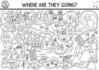 black and white summer camp maze for children. active holidays preschool outline printable activity.