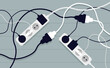 Cable mess and extension sockets in clutter - Disorganised electrical cables on floor concept. Vector illustration