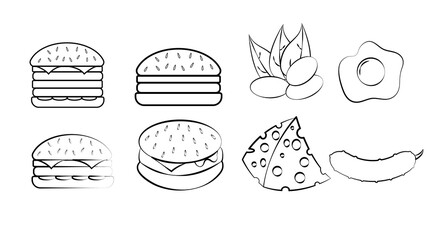 Wall Mural - Black and white set of eight icons of delicious food and snacks items for a restaurant bar cafe on a white background: burger, pistachios, egg, cheese, cucumber