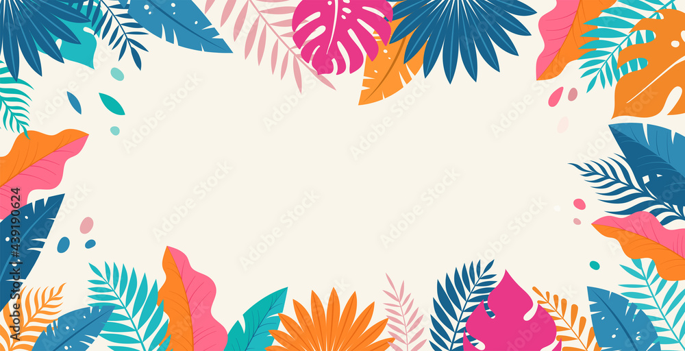 Hello Summer concept design, summer panorama, abstract illustration with jungle exotic leaves, colorful design, summer background and banner - obrazy, fototapety, plakaty 