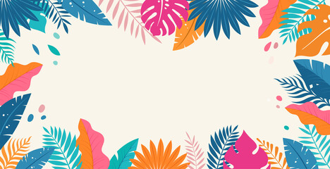 Hello Summer concept design, summer panorama, abstract illustration with jungle exotic leaves, colorful design, summer background and banner