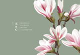 Natural magnolia realistic flowers contemporary event layout designs. Marketing floral pattern background vector illustration.