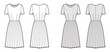 © Vectoressa - Dress pleated technical fashion illustration with short sleeves, fitted body, knee length skirt. Flat apparel front, back, white, grey color style. Women, men unisex CAD mockup