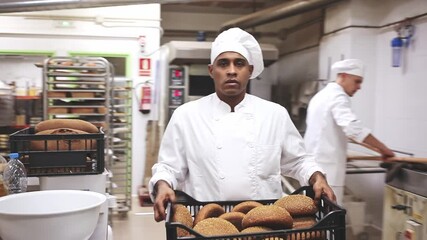 Wall Mural - Focused young man working in small bakery, carrying fresh baked bread in crate