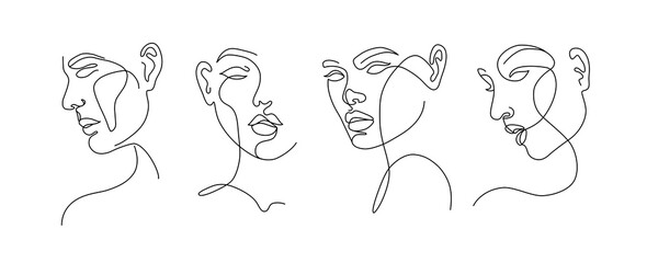 Set of stylized woman faces. Modern single line art. Woman beauty fashion concept, minimalistic style.