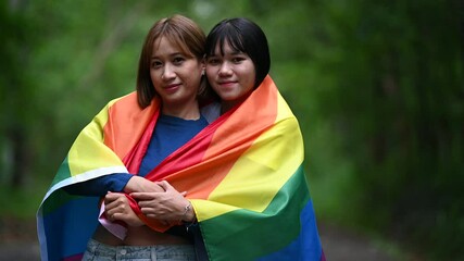 Wall Mural - Couple of girl with girl,LGBT Pride month concept,Portrait of Non-binary 