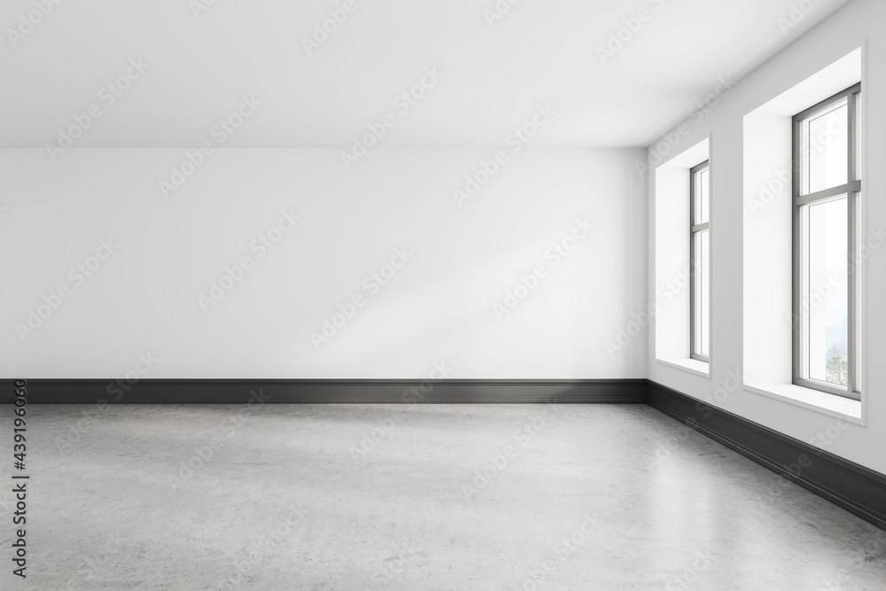 Empty white room interior with gray floor and two windows - obrazy, fototapety, plakaty 