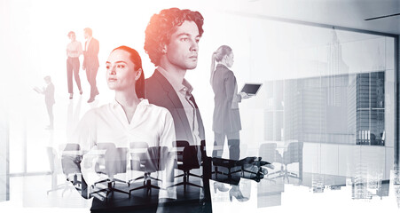 Sticker - Diverse young professional business people rushing and looking for solutions in panoramic office space with skyscraper New York city view. Business development concept. Double exposure