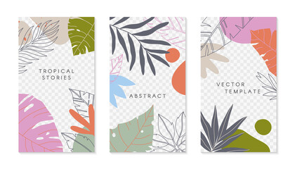 Wall Mural - set of insta story templates with tropical palm leaves.modern summer vector layouts with copy space 