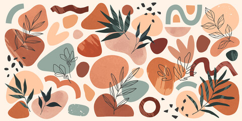 Bundle of vector boho various organic shapes,doodles and foliage line art.Terracotta watercolor decoration set.Trendy contemporary designs for prints,flyers,banners,fabriс,branding,covers and more.