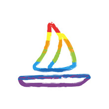 Sail Boat Or Yacht, Ship On The Water, Simple Icon. Drawing Sign With LGBT Style, Seven Colors Of Rainbow (red, Orange, Yellow, Green, Blue, Indigo, Violet