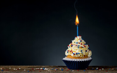 Wall Mural - Birthday cupcake American style. 4th of July, Independence, Memorial or Presidents Day. Tasty cupcakes with white cream icing and colored stars sprinkles. Burning candle light in a cake. Sweet dessert