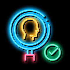 Sticker - human research approved mark neon light sign vector. Glowing bright icon human research approved mark sign. transparent symbol illustration