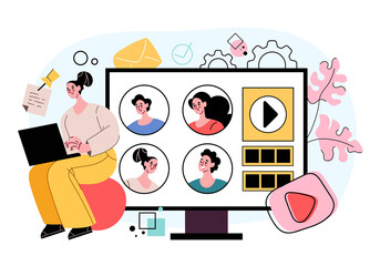 Wall Mural - People man woman colleagues friends communicate talking by laptop computer monitor video conference. Digital online internet communication concept. Modern style flat cartoon graphic illustration