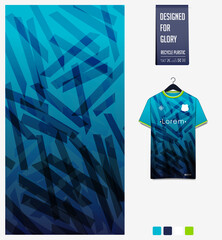 Soccer jersey pattern design. Geometric pattern on blue abstract background for soccer kit, football kit or sports uniform. T-shirt mockup template. Fabric pattern. Sport background. 