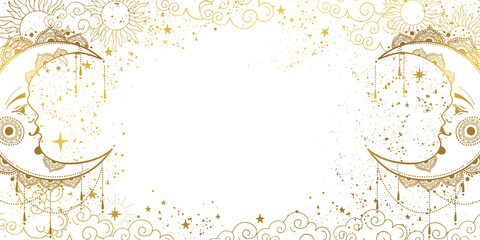 Wall Mural - White mystical background with golden crescent moon with face, cosmic pattern with copy space for text. Layout for astrology, tarot, board for the witch. Divine boho design, hand drawn vector