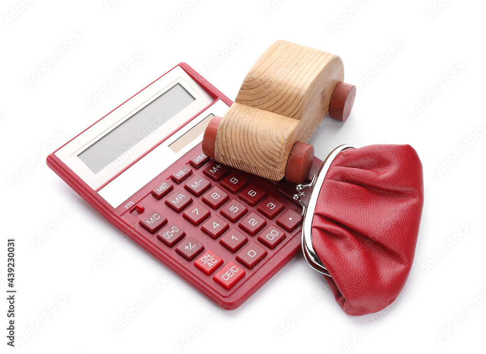Calculator with wallet and wooden car on white background