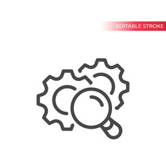 Wall Mural - Cogwheels with magnifying glass line icon. Gear and magnifier vector symbol, editable stroke.