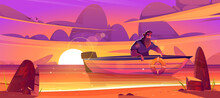 Shipwrecked Sad Man Sit In Wooden Boat At Sunset Scenery Landscape. Castaway Male Character Escaping From Sinking Ship, Moor To Uninhabited Island. Survivor After Shipwreck Cartoon Vector Illustration