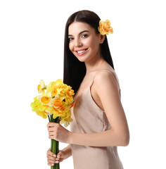 Poster - Beautiful young woman with narcissus bouquet on white background