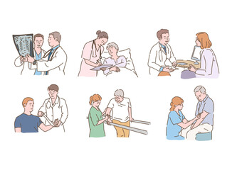 Medical staff and patient characters. hand drawn style vector design illustrations. 