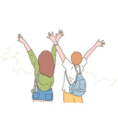 A back view of two friends raising their hands up and hurrahing. hand drawn style vector design illustrations. 