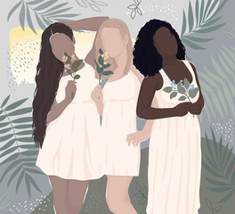 Wall Mural - women of different ethnic groups together in white dresses holding flowers in their hands, against the background of palm leaves. vector modern flat illustration. unity with nature. isolated by layers