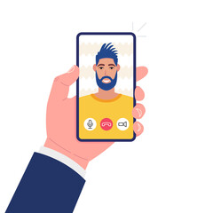 Wall Mural - Video call. Hand holding smartphone. Bearded man with glasses on the screen. Vector.