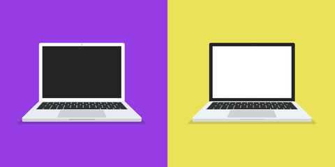 Wall Mural - two laptop on yellow and purple background. computer mockup. vector.