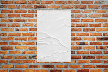 Wall Mural - Blank white wheatpaste glued paper poster mockup on brick wall background