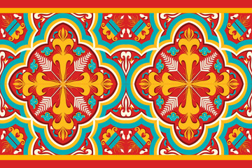 Geometric ethnic pattern on red background. Blue,yellow, white and red concept. Design for texture, fabric, clothing, wrapping and carpet. Pattern sty.