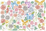 Fototapeta Miasta - Vector set of hand drawn pastel shepherd's purse, heather, iris japonica, sakura, gypsophila, chamomile, almond, poppy flower, calendula, menelaus blue morpho, blue morpho, lemon butterfly, red