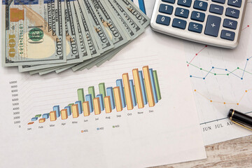 Business charts dollar pen and calculator