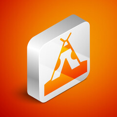 Sticker - Isometric Traditional indian teepee or wigwam icon isolated on orange background. Indian tent. Silver square button. Vector