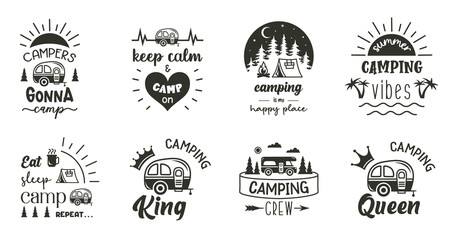 Wall Mural - Camping sign with quotes. Set of adventure symbols. Travel emblem designs. Wanderlust badge.